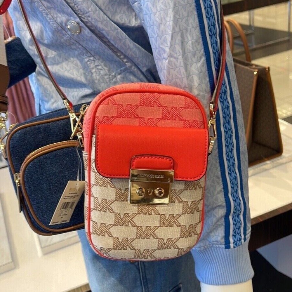 Michael Kors Sloan Editor Signature Jacquard Small Top Zip Flap Pocket Crossbody